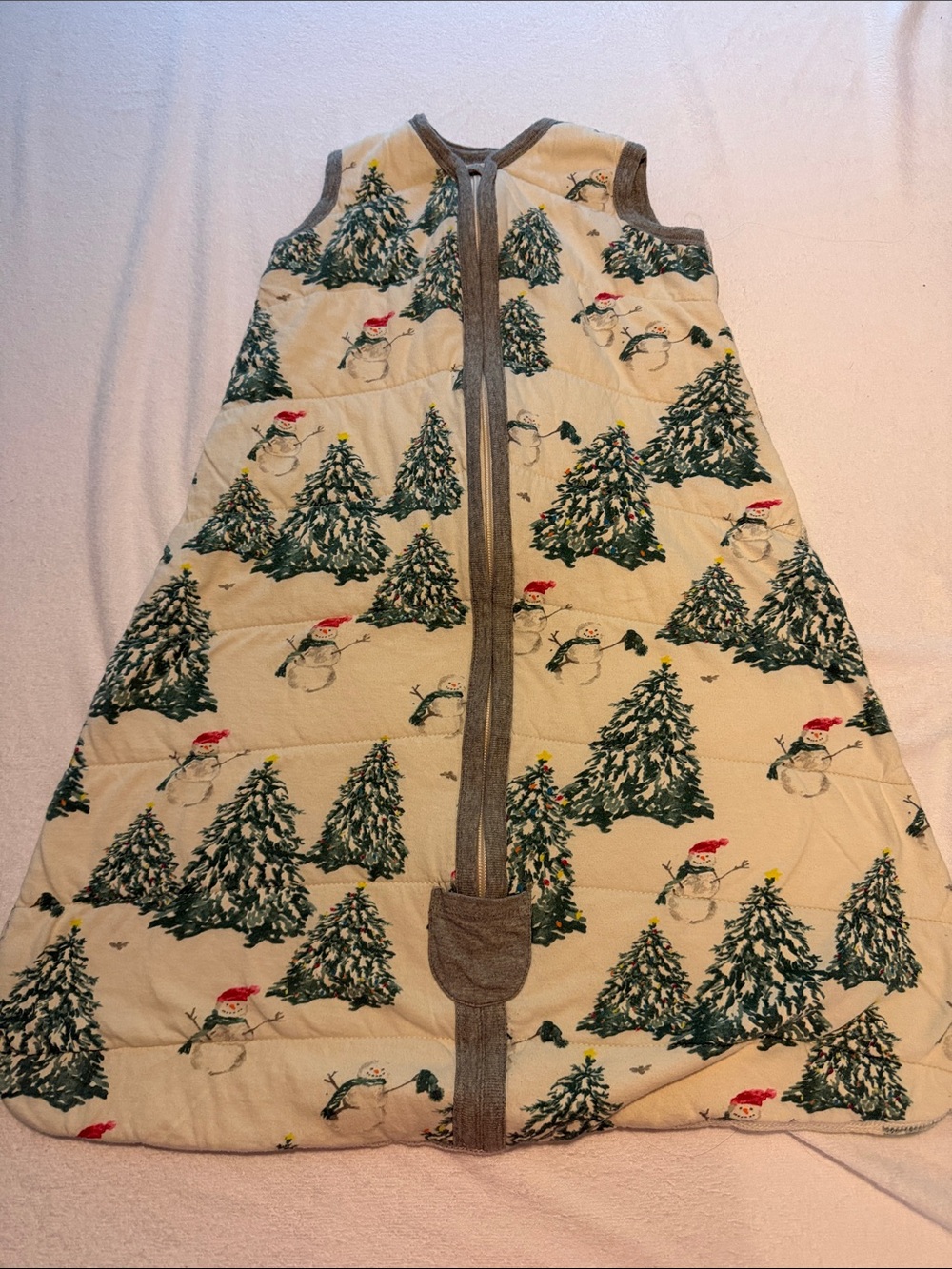 Burt's Bees Baby Cream Holiday Sleep Sack with Trees and Snowmen.